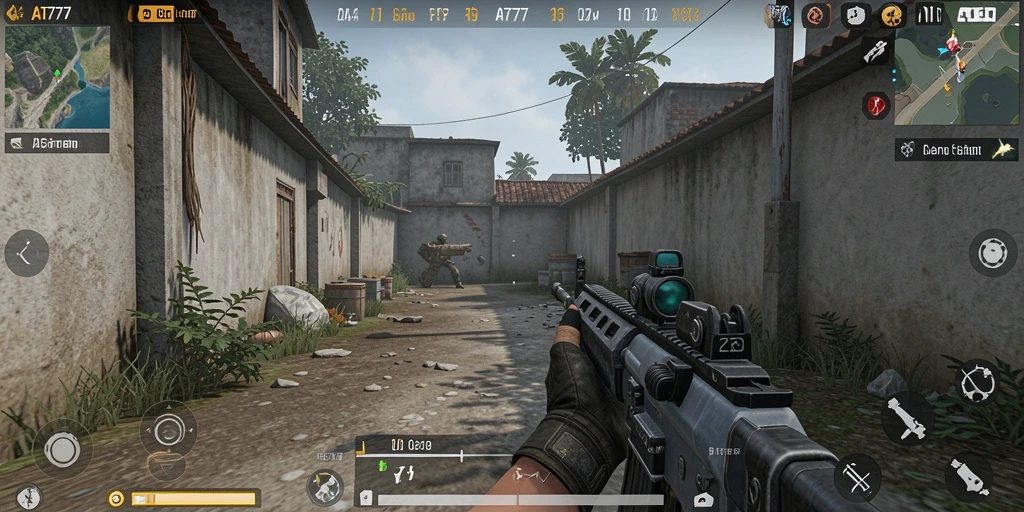 Screenshot gameplay AT777 menampilkan aksi tembak-menembak yang intens.