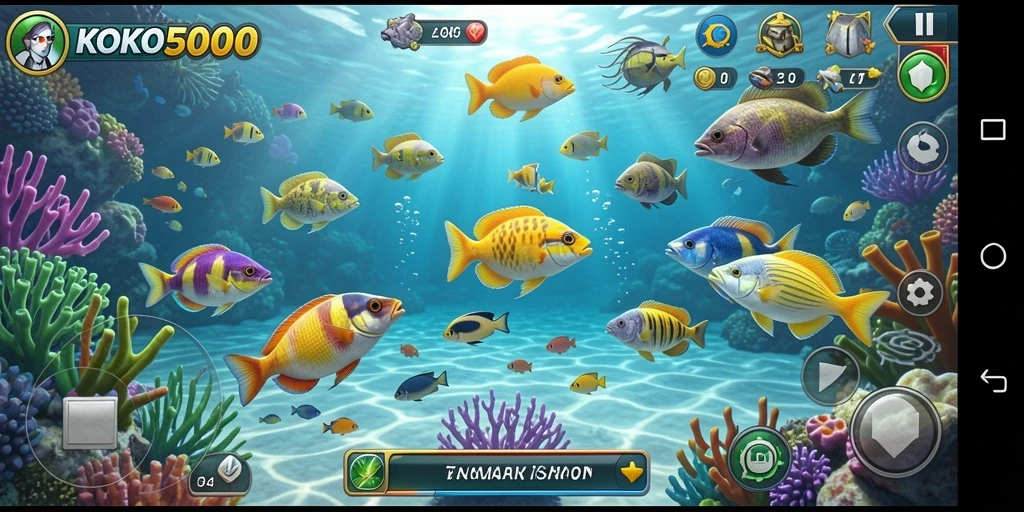 Screenshot gameplay KOKO5000 menampilkan aksi menembak ikan yang mengasyikkan.