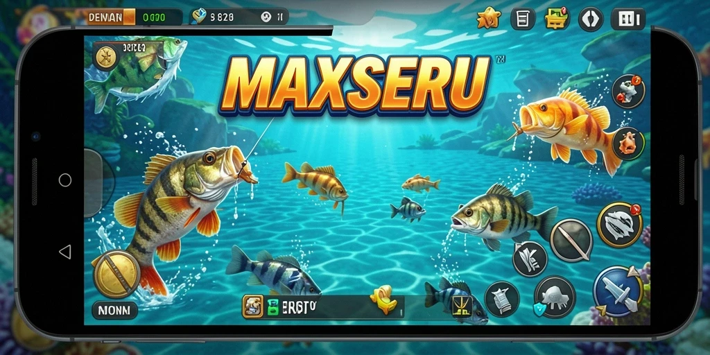 Screenshot gameplay <strong>MAXSERU</strong> menampilkan aksi memancing yang mendebarkan.