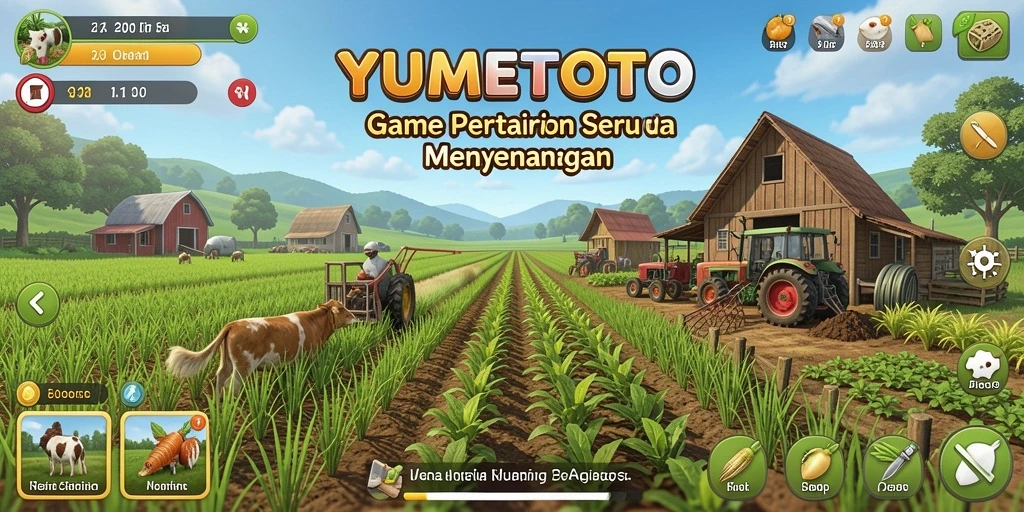 Screenshot gameplay <strong>YUMETOTO</strong> menampilkan ladang yang subur dan hewan ternak yang bahagia.