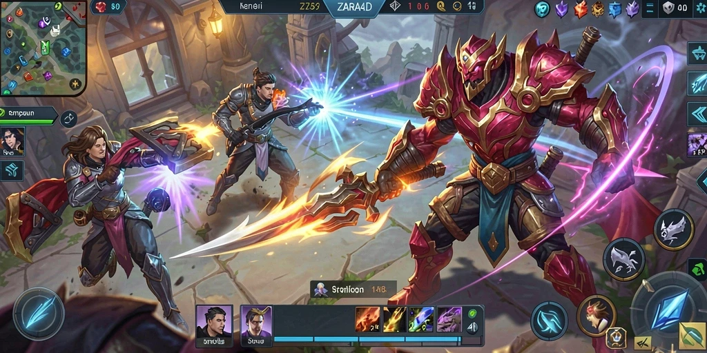 Tangkapan layar ZARA4D menampilkan aksi pertempuran seru di arena MOBA.
